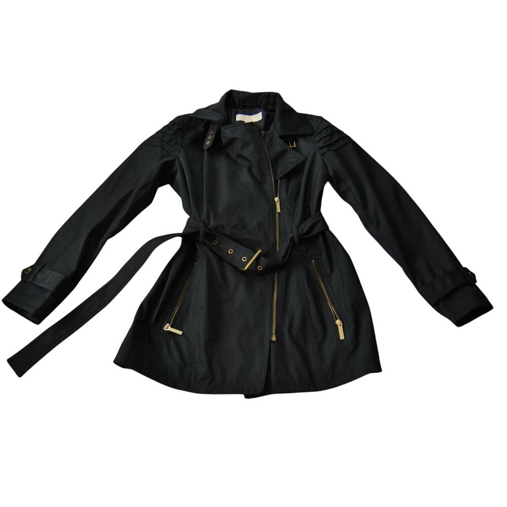 Michael Kors Long Black Asymmetric Zipper Jacket w/ Belt X-Small